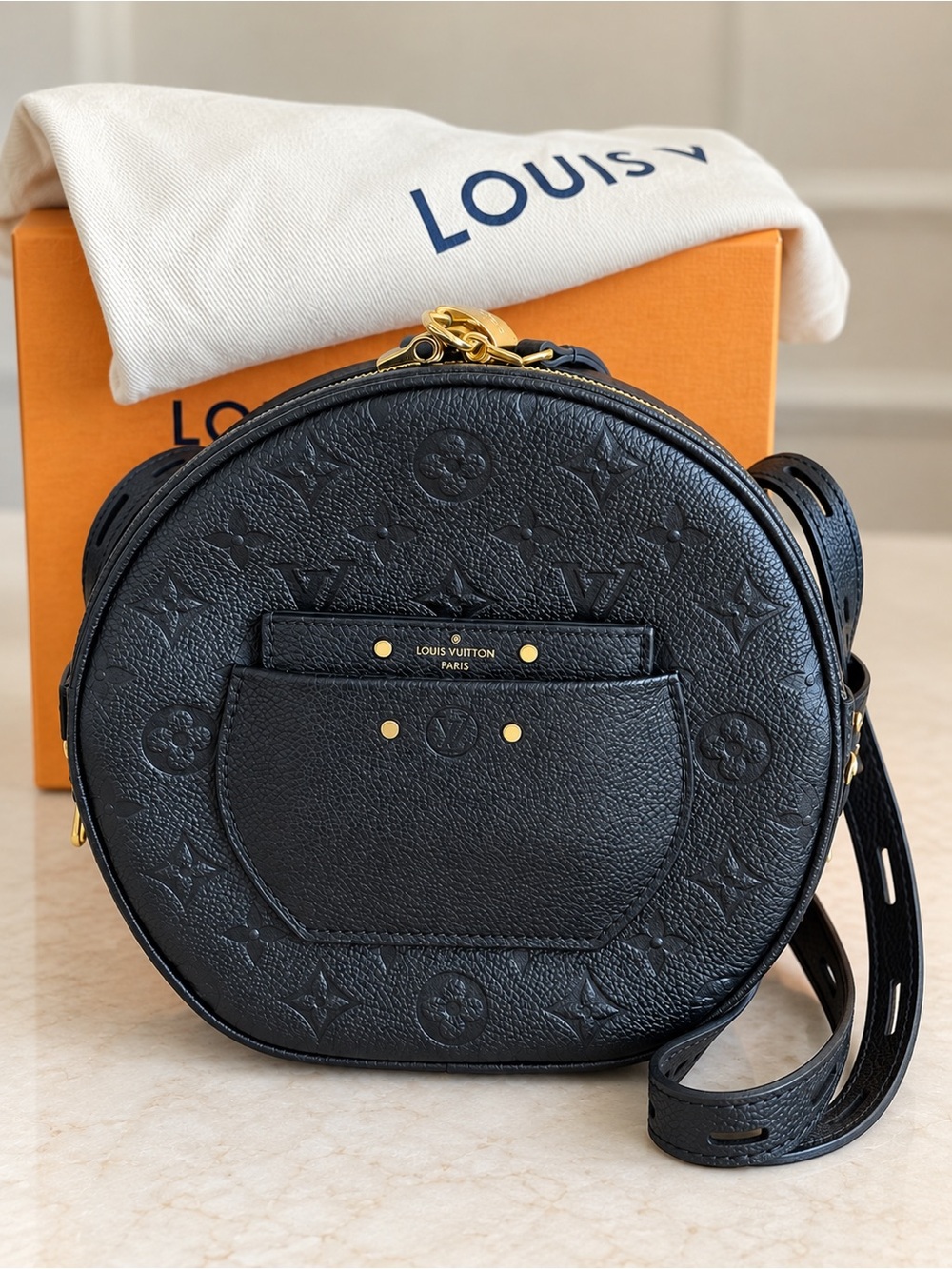 Louis Vuitton Boite Chapeau Souple MM Black Empreinte Leather Authentic